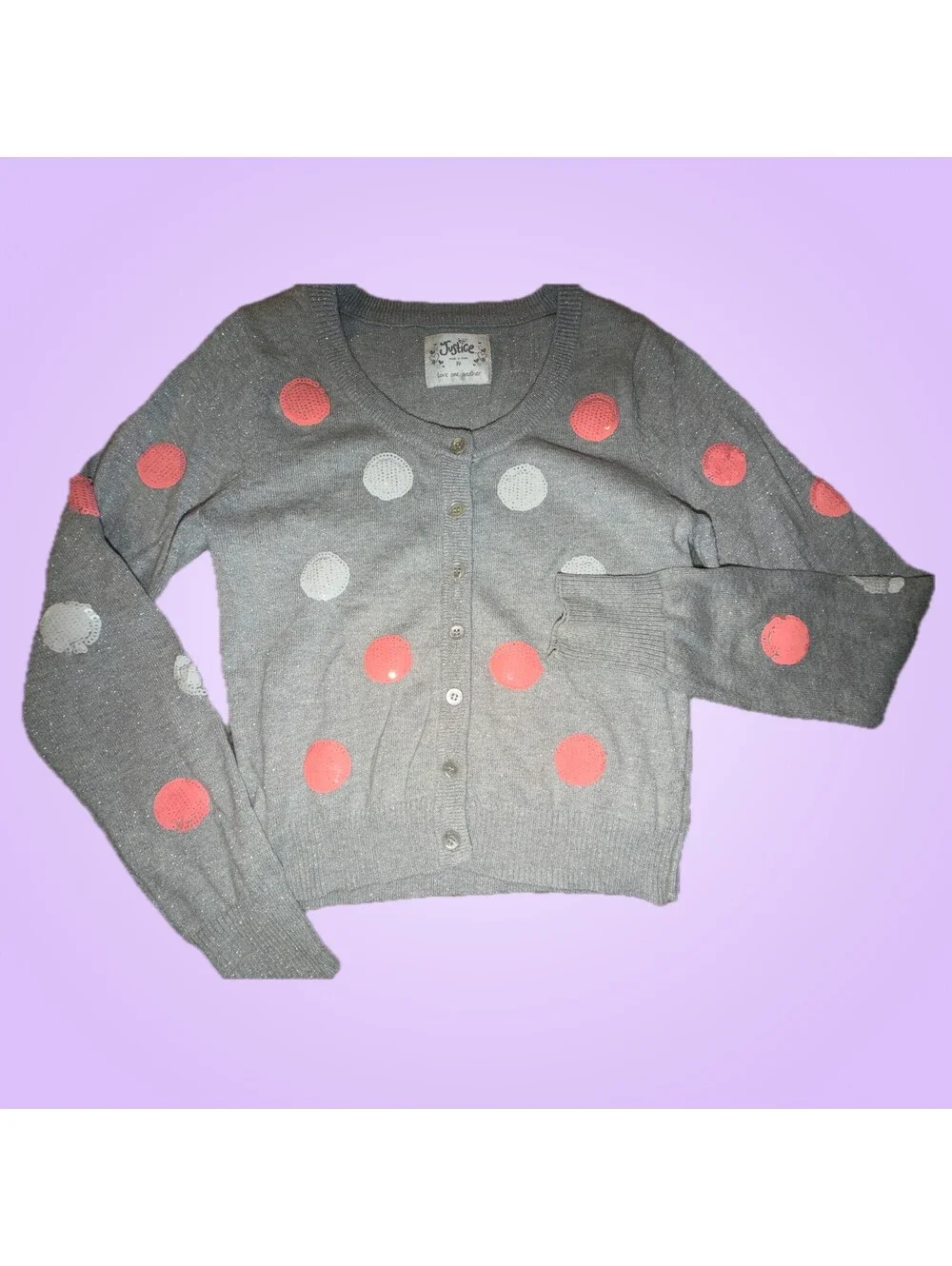 Justice Girls Size 14 Gray Sparkly Sequin Polka Dot Button Cardigan